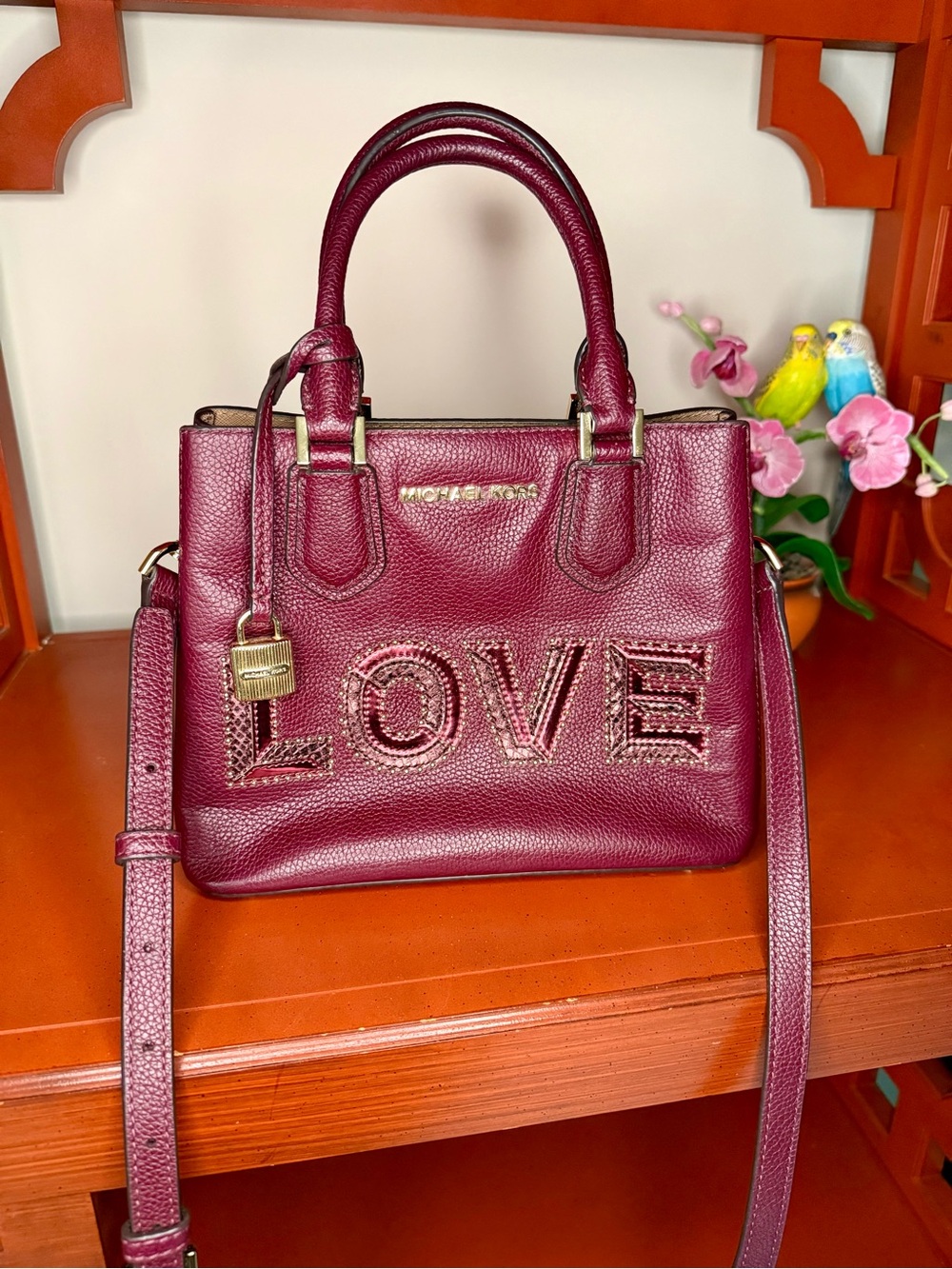 Michael Kors Mercer Medium "LOVE" Studded Leather Satchel Crossbody Bag